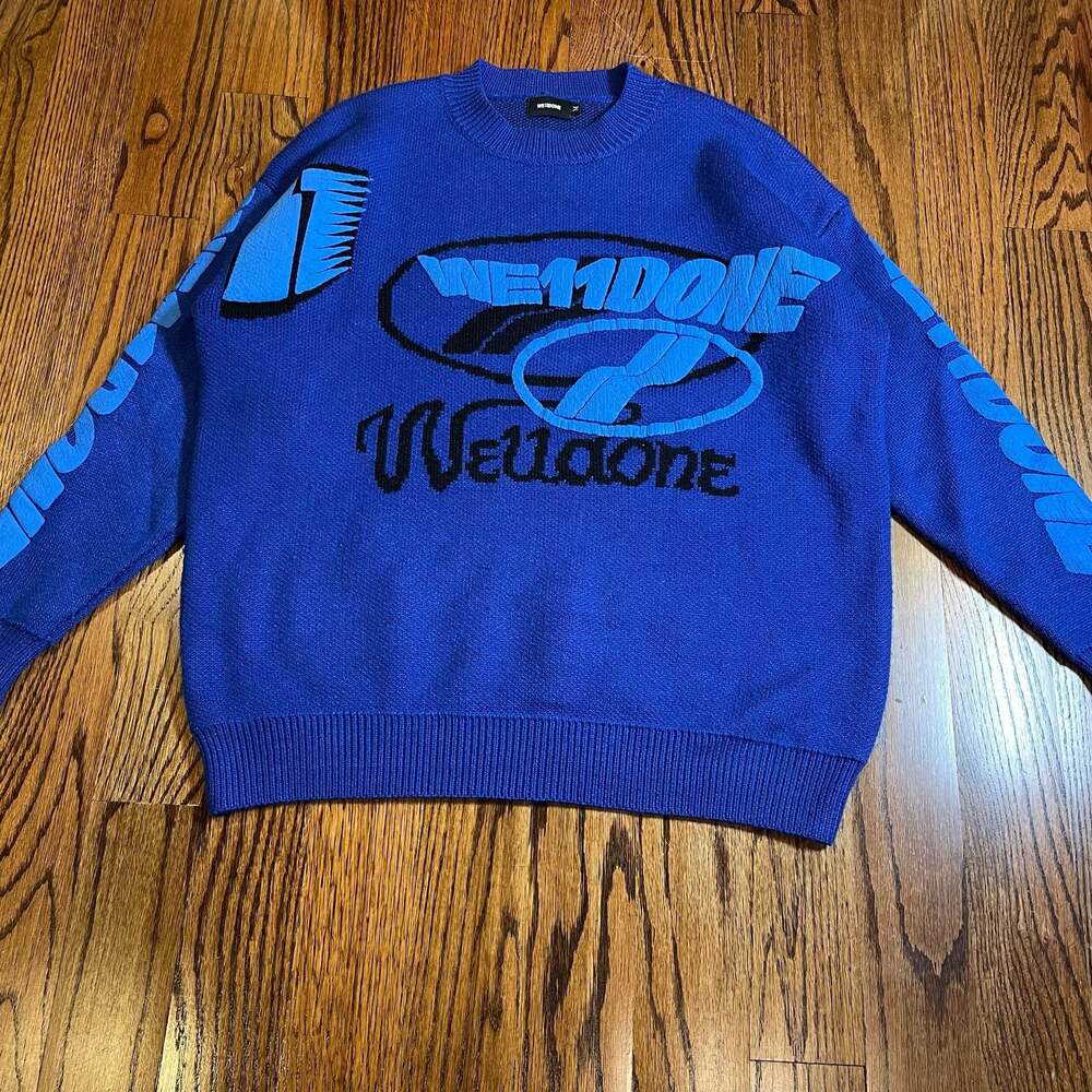 We11done Blue Logo Jacquard Intarsia Oversized Knit Sweater